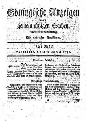 8tes Stück. Sonnabend, den 21ten Februar 1778.