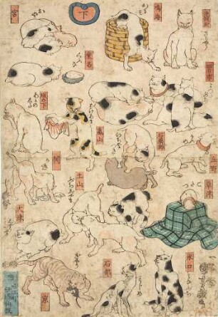 Scherzbild mit Katzen, die die Namen der Stationen am Tōkaidō verspotten