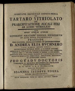 Dissertatio Inavgvralis Chemico-Medica De Tartaro Vitriolato Et Praecipitatione Alcali Fixi Ab Acido Vitriolico