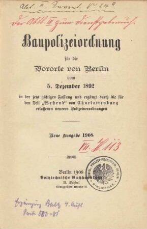 Königl. Polizei-Präsidium, Berlin. Bibliothek