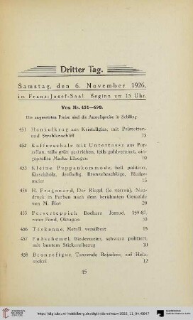 Dritter Tag: Samstag, den 6. November 1926 (Nr. 451-690)