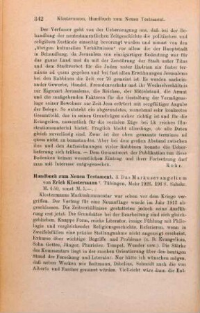 342-343 [Rezension] Klostermann, Erich, Das Markusevangelium