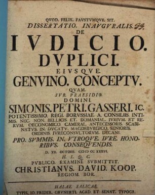 Dissertatio. Inavgvralis. De Ivdicio. Dvplici. Eivsqve. Genvino. Conceptv.