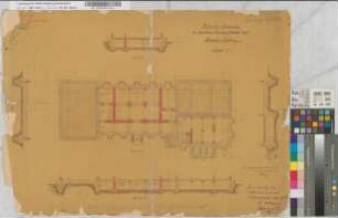 Revisions-Zeichnung des definitiven Empfangs-Gebäudes auf Bahnhof Kettwig, Blatt 1: Grundriß und Schnitt des Kellers, M. 1:100 Hge, Sknr.: 2, Fanr.: 3, Bunr.: 3