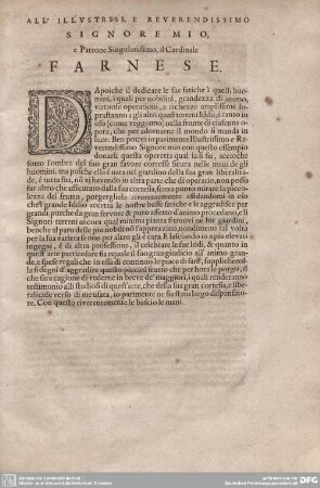 All' Illustriss. E Reverendissimo Signore mio, e Patrone Singularissimo, il Cardinale Farnese.