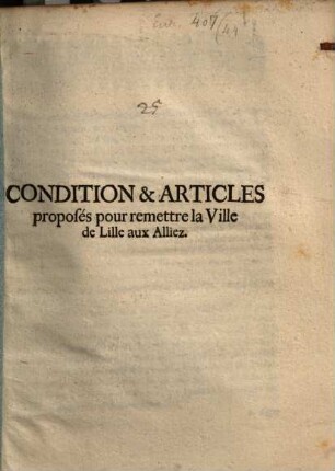 Conditions et articles proposés pour remettre la ville de Lille aux Alliez