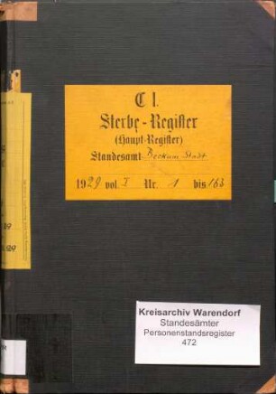 Sterberegister des Standesamtes Beckum-Stadt von 1929 (Urkunden-Nr. 1-163)