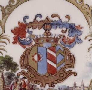 Henkeltasse und Unterschale mit Wappen Vido und Landschaftsszenen — Unterschale