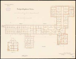 Landgericht und Gefängnis, Verden: Grundriss Erdgeschoss, Querschnitt 1:150