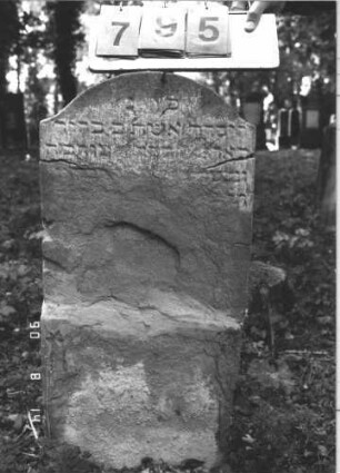 Grabstein 795 (Index: 99788620) Material: Sandstein Zustand: zerbrochen und repariert, sehr stark verwittert mit sehr großem Textverlust Maße HxBxT: 82x39x10 cm: Grabstein 795