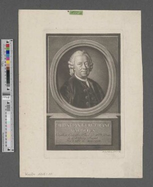 Christian. Guil. Franc. Walchius : Consiliar[ius] Consistor[ialis,] Theol[ogiae] D[octor] et Pr[ofessor] Prim[arius] in acad[emia] Georg[ia] August[a]. ; Nat[us] d[ie] XXV. dec. MDCCXXVI
