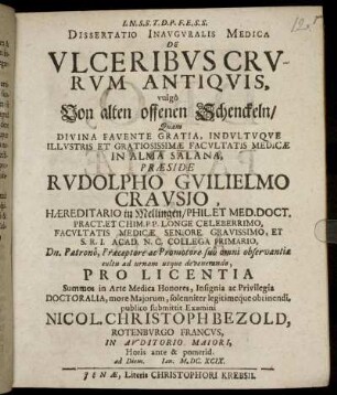 Dissertatio Inauguralis Medica De Ulceribus Crurum Antiquis, vulgo Von alten offenen Schenckeln