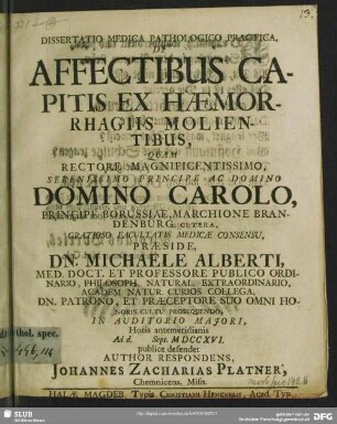 Dissertatio Medica Pathologico Practica De Affectibus Capitis Ex Haemorrhagiis Molientibus
