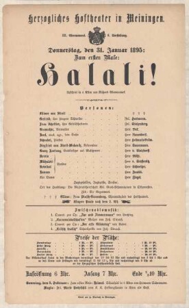 Theaterzettel zur Erstaufführung des Lustspiels "Halali. von Richard Skowronnek" in der Spielzeit 1894/95 des Herzoglichen Hoftheaters in Meiningen.