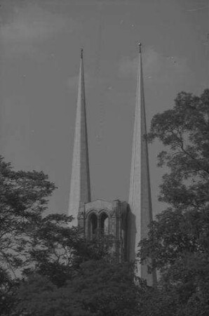 Würzburg: Türme der St. Johanniskirche, vom Hofgarten, näher