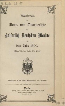 Rangliste der Kaiserlich-Deutschen Marine. Nachtrag zur Rangliste der Kaiserlich-Deutschen Marine : für d. Jahr .... 1890, Nachtr.