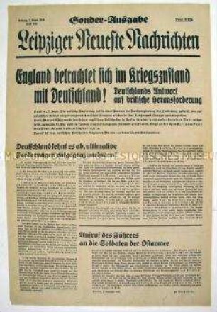 Sonderausgabe der "Leipziger Neuesten Nachrichten" zur Kriegserklärung Großbritanniens an Deutschland