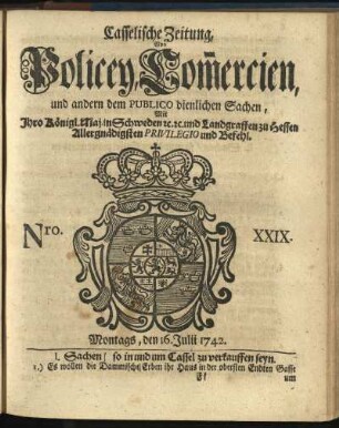 Nro. XXIX, Montags, den 16. Julii 1742