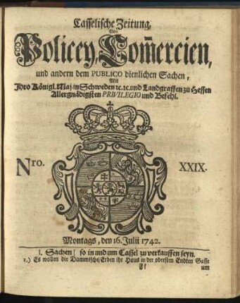 Nro. XXIX, Montags, den 16. Julii 1742