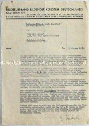 Schreiben des Reichsverbandes Bildender Künstler Deutschlands, Gau Berlin, an die Künstlervereinigung "Die Zeitgemäßen" (Die Abstrakten) zu einer Künstlerauktion - Sachkonvolut