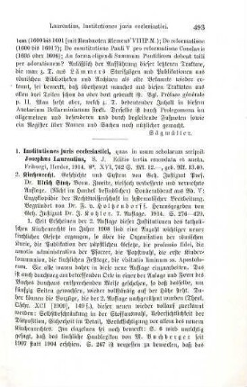 493-494 [Rezension] Laurentius, Josephus, Institutiones iuris ecclesiastici