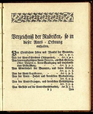 Verzeichniß der Rubriken, so in dieser Amts-Ordnung enthalten.