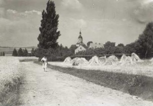 Nerchau, Weg durch ein Feld : Nerchau. Ortsteilansicht mit Stadtkirche Stankt Martin. Blick nach Nordwesten (mit Kornpuppen)