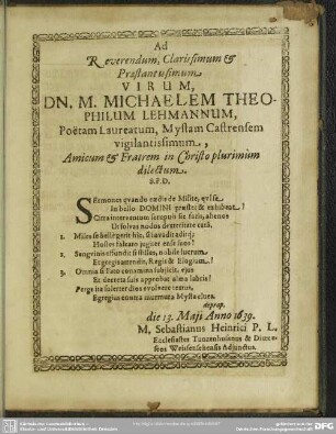 Ad Reverendum, Clarissimum & Praestantissimum Virum, Dn. M. Michaelem Theophilum Lehmannum ...