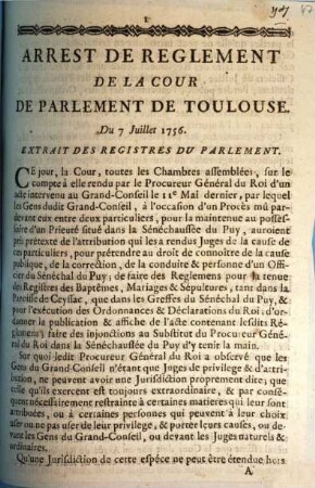 Arrest De Reglement De La Cour De Parlement De Toulouse. Du 7 Juillet 1756 : Extrait Des Registres Du Parlement