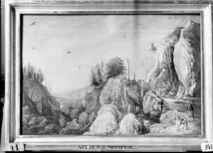 Felsenlandschaft mit Reitern und einer Wassermühle