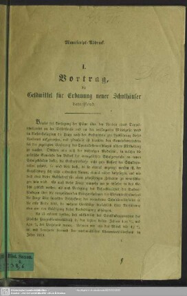 Vortrag, die Geldmittel für Erbauung neuer Schulhäuser betreffend : Manuscript-Abdruck