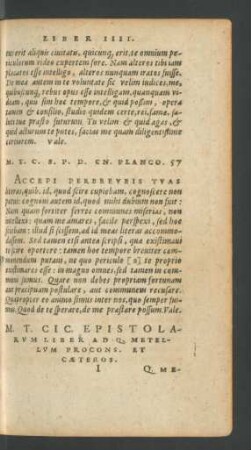 M. T. Ciceronis Epistolarum Liber Ad Q. Metellum Procons. Et Caeteros.