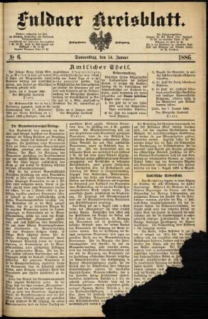 Erste Ausgabe vom Donnerstag, den 14. Januar 1886.