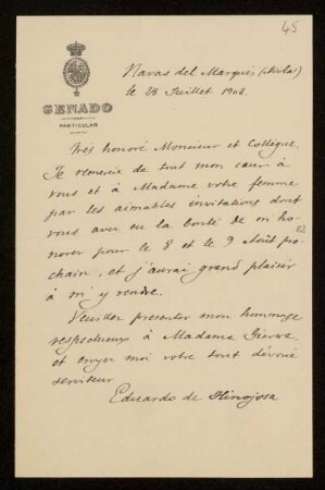 45: Brief von Eduardo de Hinojosa an Otto von Gierke, Navas del Marqués (Avila), 28.7.1908