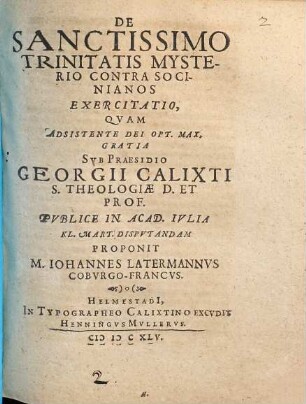 De Sanctissimo Trinitatis Mysterio Contra Socinianos Exercitatio