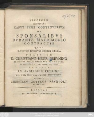Specimen Continens Capvt Ivris Controversvm De Sponsalibvs Dvrante Matrimonio Contractis