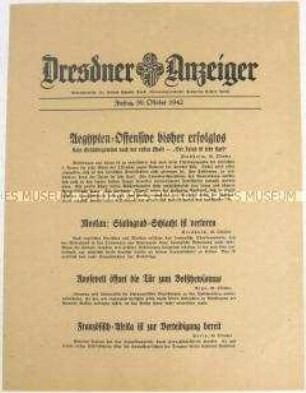 Nachrichtenblatt "Dresdner Anzeiger" u.a. zum Kriegsgeschehen in Ägypten und zur Schlacht um Stalingrad