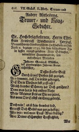 Andere Abtheilung. Trauer- und Klag-Gedichte.