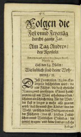 Folgen die Fest unnd Feyertäg durchs gantze Jar.