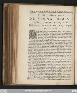 Theses Theologicae De Coena Domini. Praeside D. Mose Amyraldo. Respondente Ioanne Dallaeo, Parisiensi.