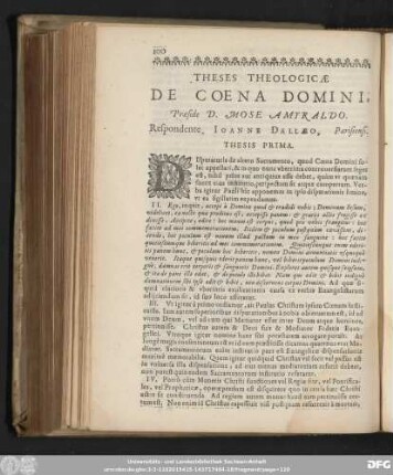 Theses Theologicae De Coena Domini. Praeside D. Mose Amyraldo. Respondente Ioanne Dallaeo, Parisiensi.