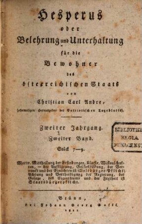 Hesperus oder Belehrung und Unterhaltung für die Bewohner des österreichischen Staats. 2,3, 2,3. 1811