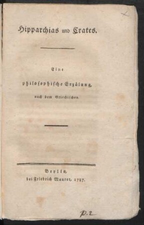 Hipparchias und Crates : Eine philosophische Erzälung, nach dem Griechischen