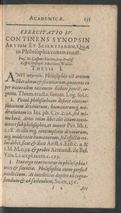 Exercitatio IV. Continens Synopsin Artium Et Scientiarum ...