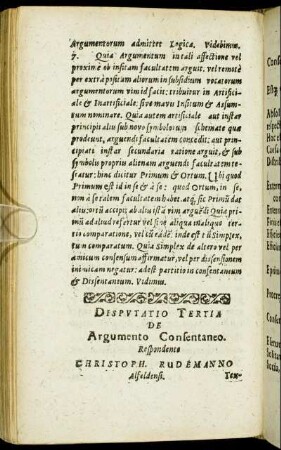 Disputatio Tertia De Argumento Consentaneo.