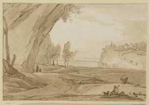 Landschaft mit hohen Felsen und zwei Figuren