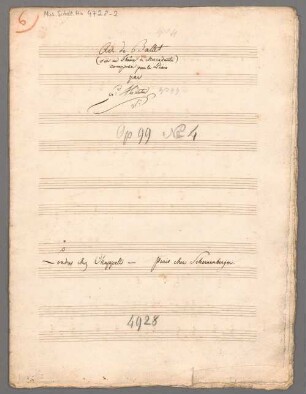 Rondos, pf, op. 99/4, F-Dur, Excerpts - BSB Mus.Schott.Ha 4728-2 : [title on p. 1, autograph:] Air de Ballet // (sur un Thême de Mercadante) // composé pour le Piano // par // Fr: Hünten // Londres chez Chappell - Paris chez Schoenenberger.