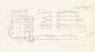Maschinenfabrik Wisch und Co., Berlin-Spandau Erweiterungsbau: Querschnitt 1:100, Längsschnitt 1:100, Dachgeschoss-Schnitte 1:100, Kellergrundriss 1:100, Detail 1:10