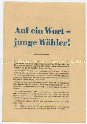 Agitationsschrift der FDJ an Jungwähler für die Wahl der Kandidaten der Nationalen Front zu den Gemeinde- und Kreistagswahlen