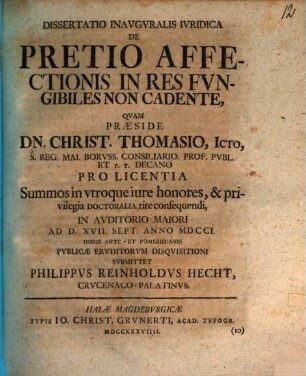 Dissertatio Inavgvralis Ivridica De Pretio Affectionis In Res Fvngibiles Non Cadente